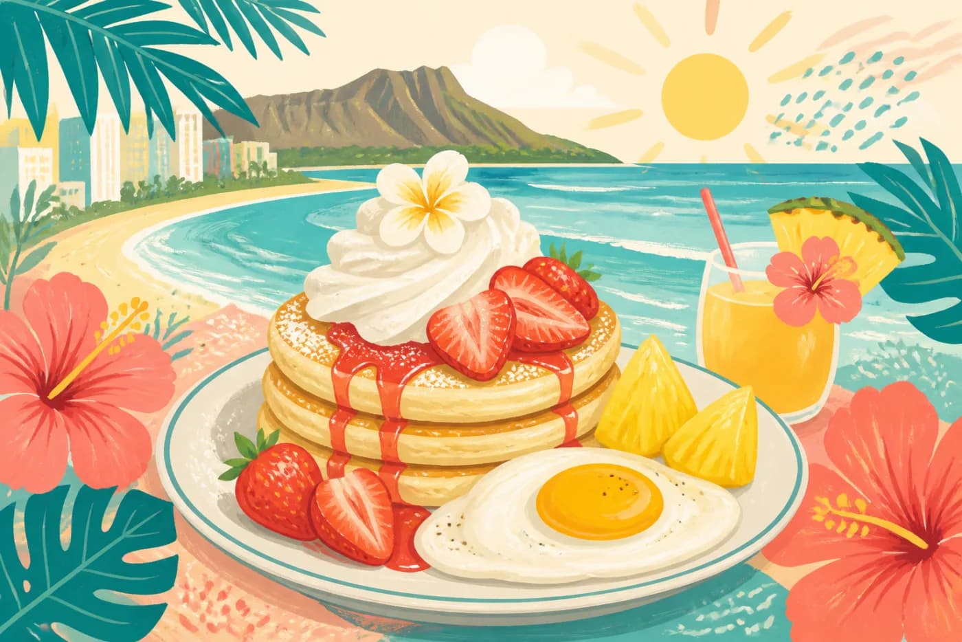 パンケーキと海辺の朝を描いたハワイ朝食カテゴリーアート