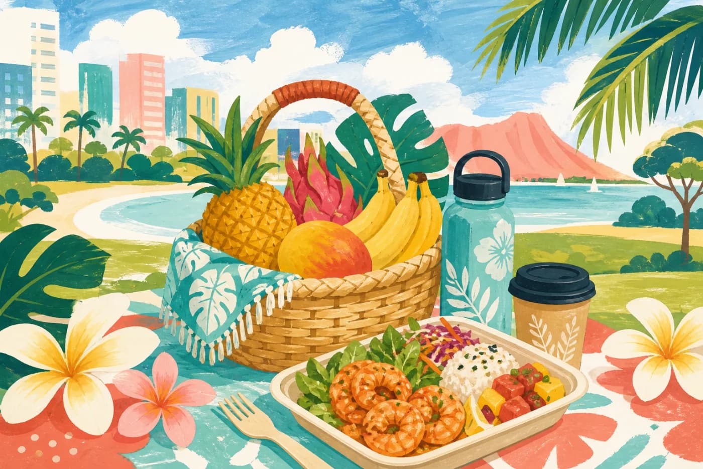 公園へ持ち出すデリとフルーツを描いたマーケットカテゴリーアート
