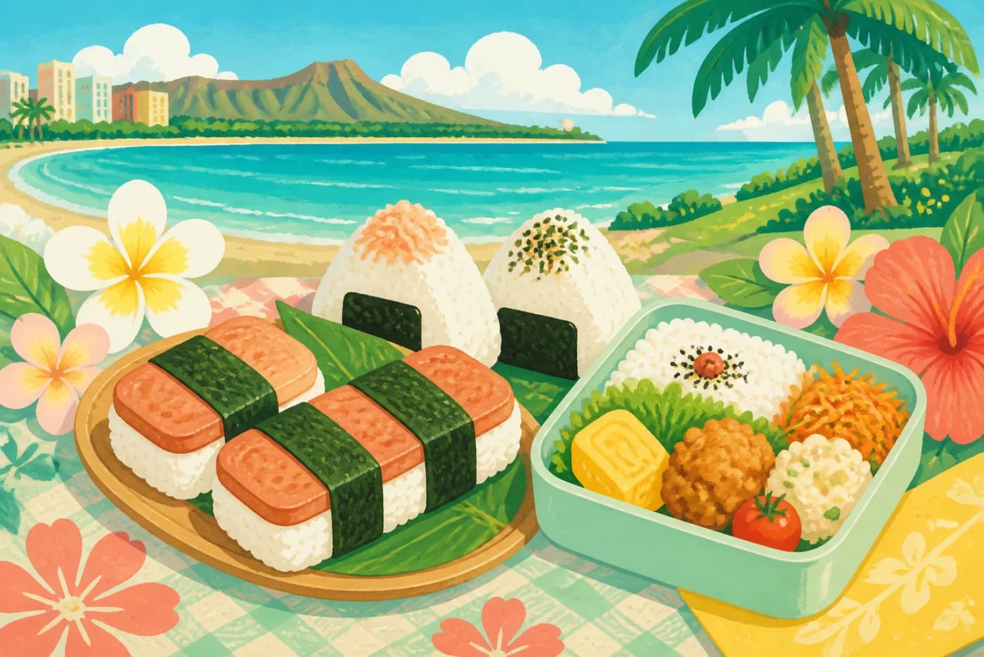 海辺のスパムむすびと弁当を描いたカテゴリーアート
