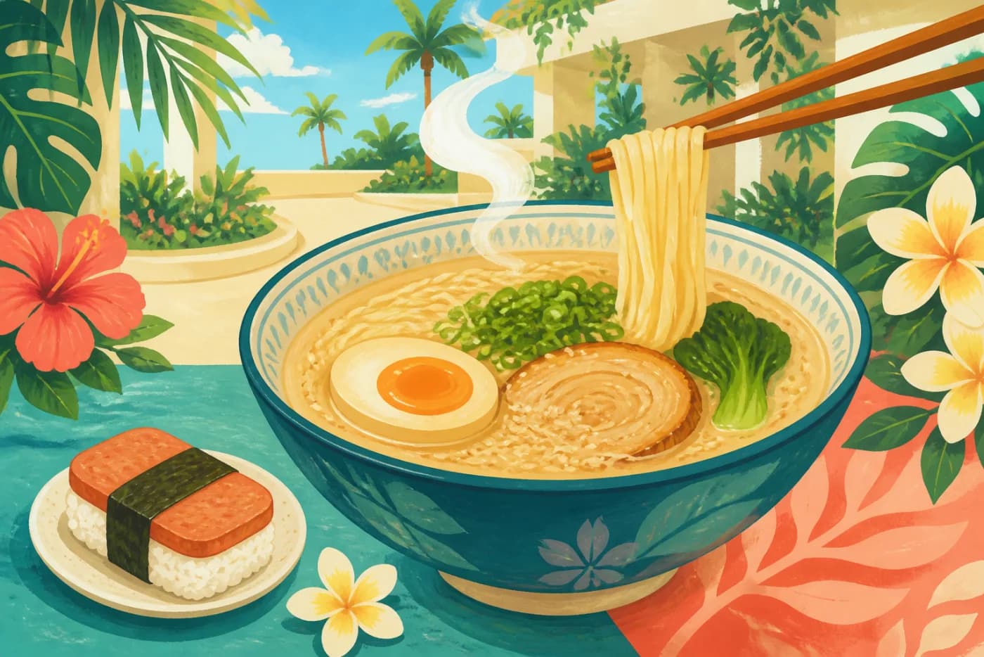 南国の庭と胡麻ラーメンを描いたカテゴリーアート