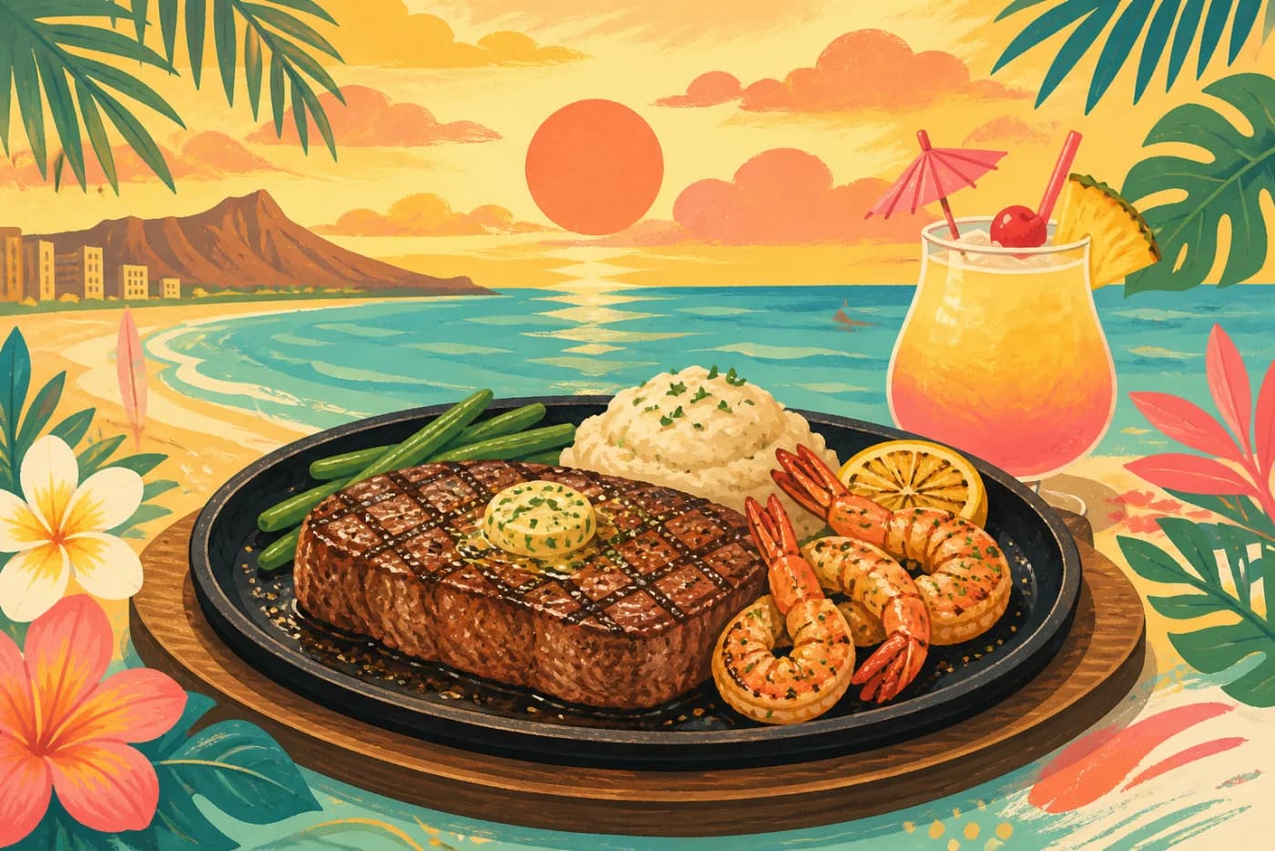 夕暮れの海とステーキディナーを描いたカテゴリーアート