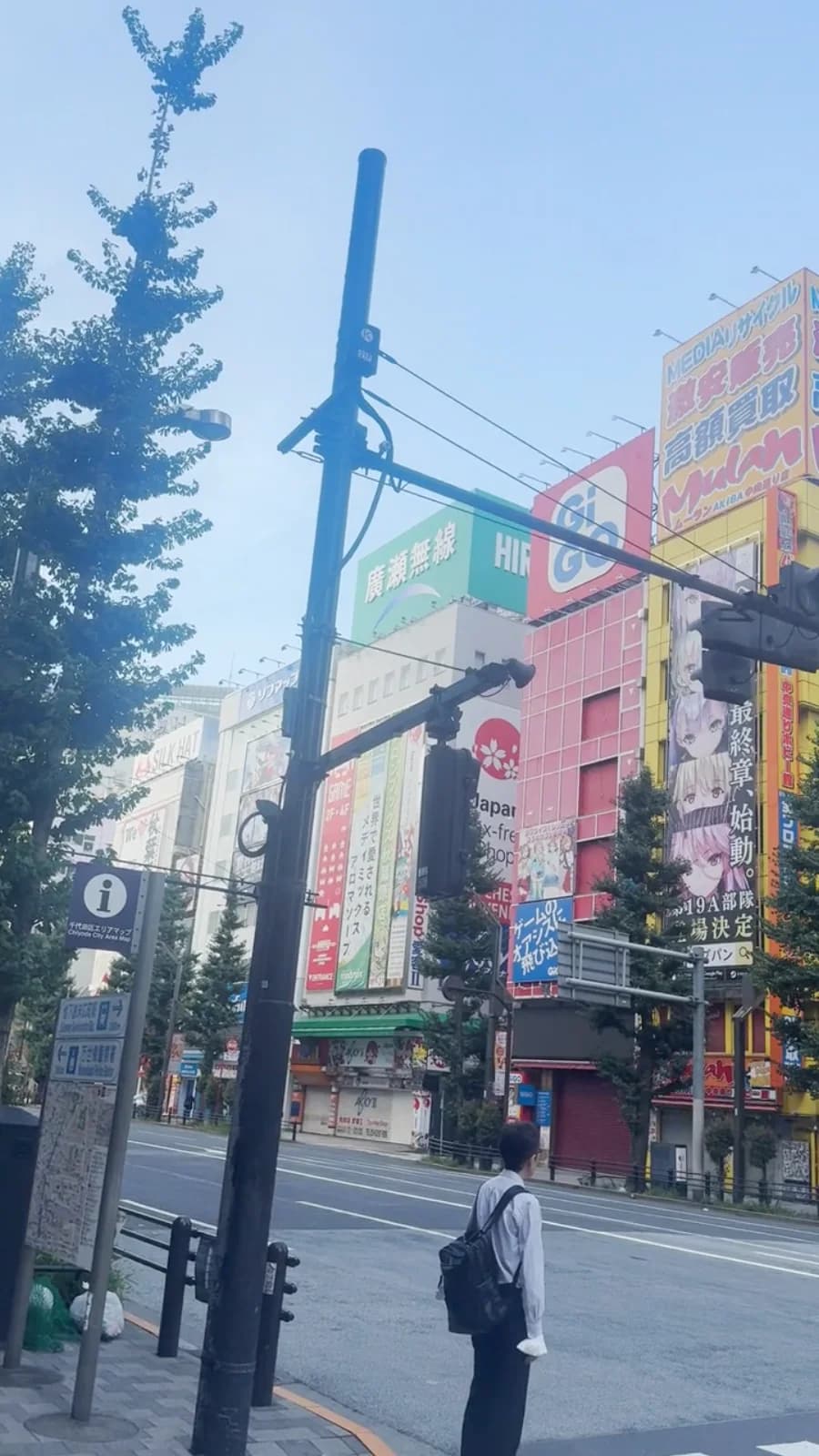 秋葉原電気街の専門店と色鮮やかな店舗が並ぶ街角