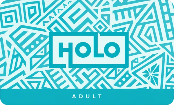 HOLOカード（大人用）のイラスト。水色の幾何学模様の中央にHOLOのロゴ、下の帯にADULTと書かれている