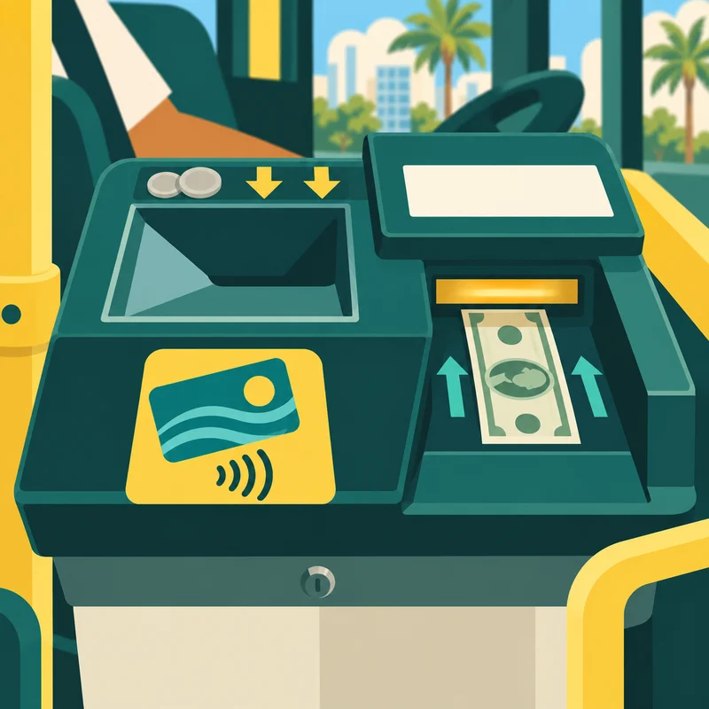 運転席横の料金箱のイラスト。左にカードをかざす読み取り部、右に紙幣の投入口、上に硬貨の投入口がある