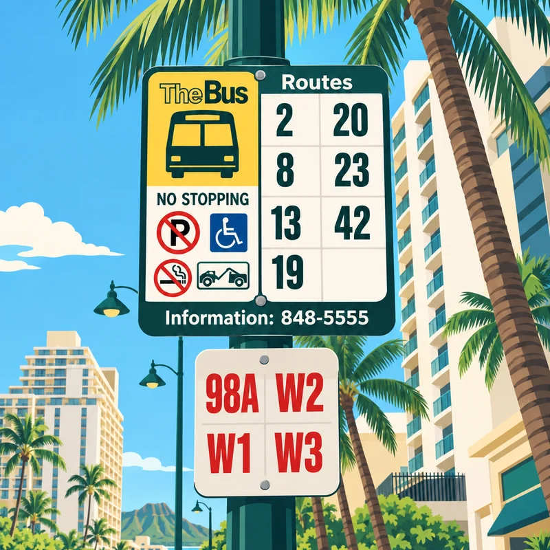 バス停の標識を間近に見たイラスト。黄色いTheBusの板の隣にRoutesの欄があり、2・8・13・19・20・23・42と、下の板に98A・W1・W2・W3の番号が並ぶ
