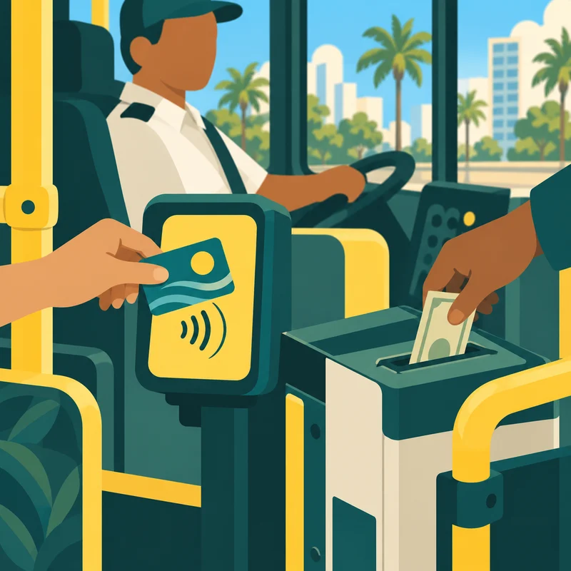 バス車内の運転席横のイラスト。片方の手がカードリーダーにカードをかざし、もう片方の手が料金箱に紙幣を入れている