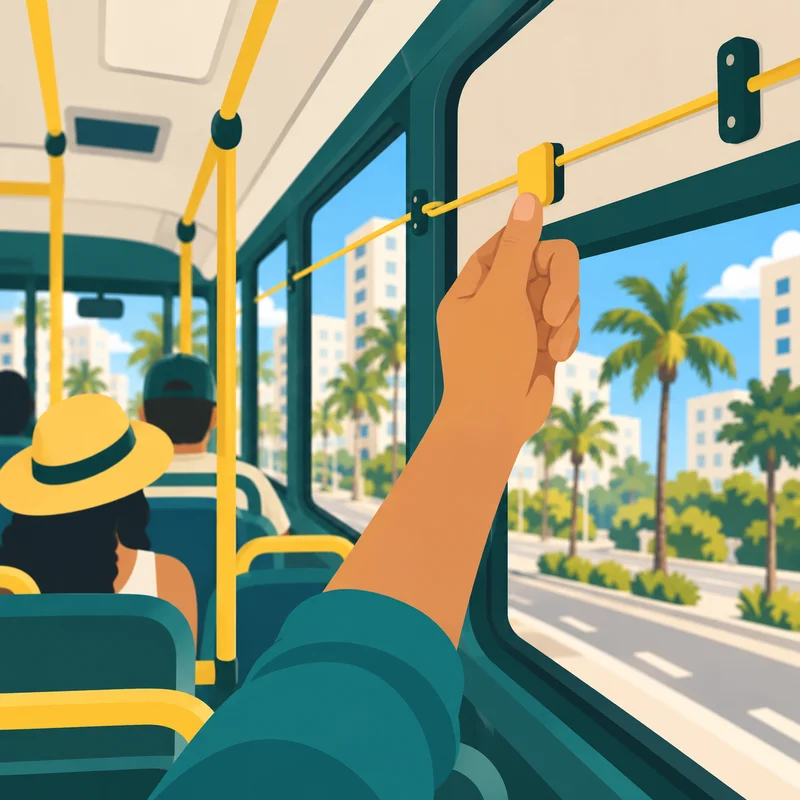 バス車内の座席から見たイラスト。手が窓の上に張られた降車合図のひもを引いている